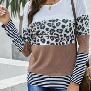NWOT Brown Stripes Leopard Splicing Colorblock Long Sleeve Top